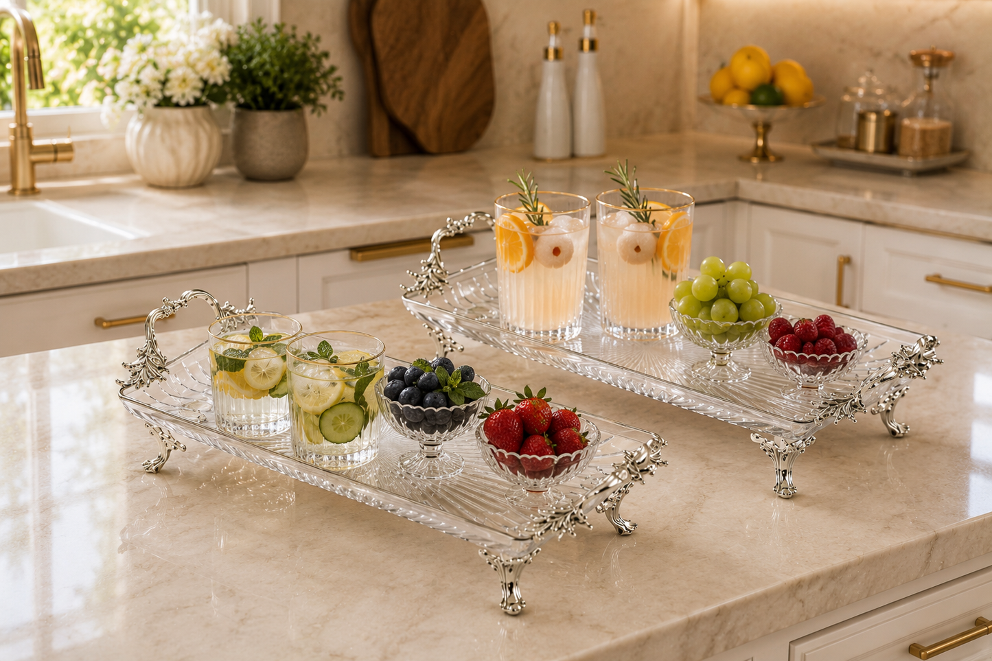 Luxury Glass Serving Tray, Decorative Gold Handles, Kitchen Counter Organizer