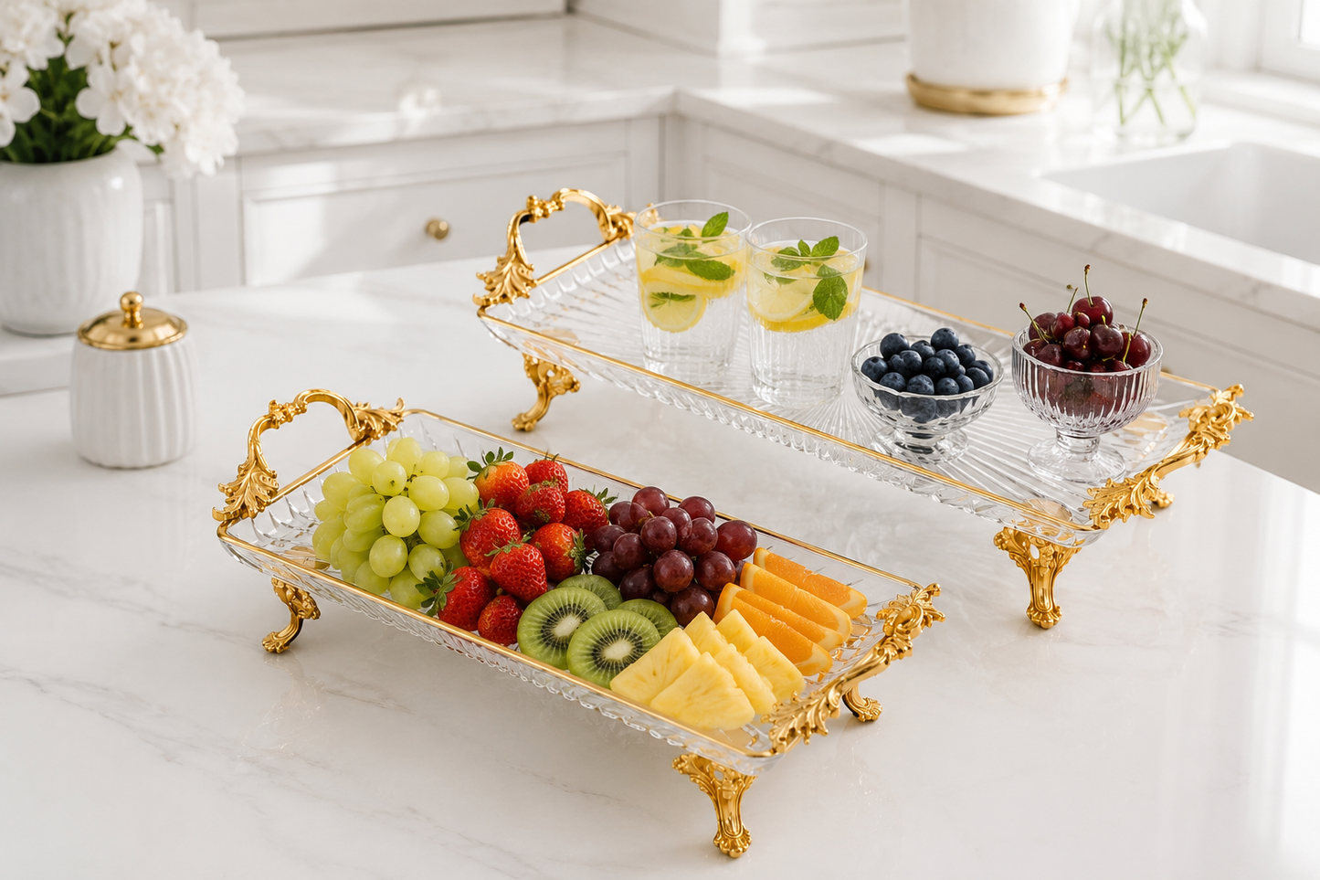 Luxury Glass Serving Tray, Decorative Gold Handles, Kitchen Counter Organizer