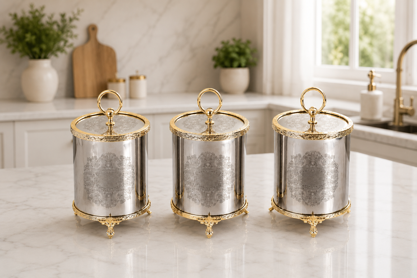 Luxury Gold Kitchen Canister Set of 3 1200cc Food Storage Jars