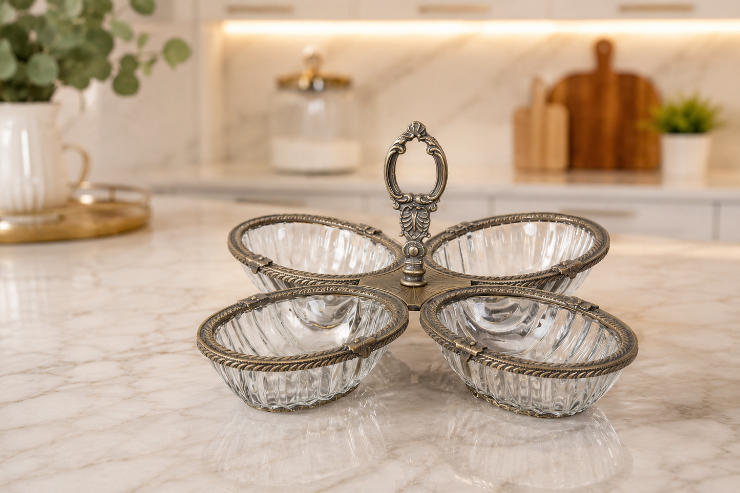 Breakfast Serving Glass Dish 4 Bowl, Ottoman Style, Condiment Bowl Set for Jam, Honey, Brunch and Entertaining