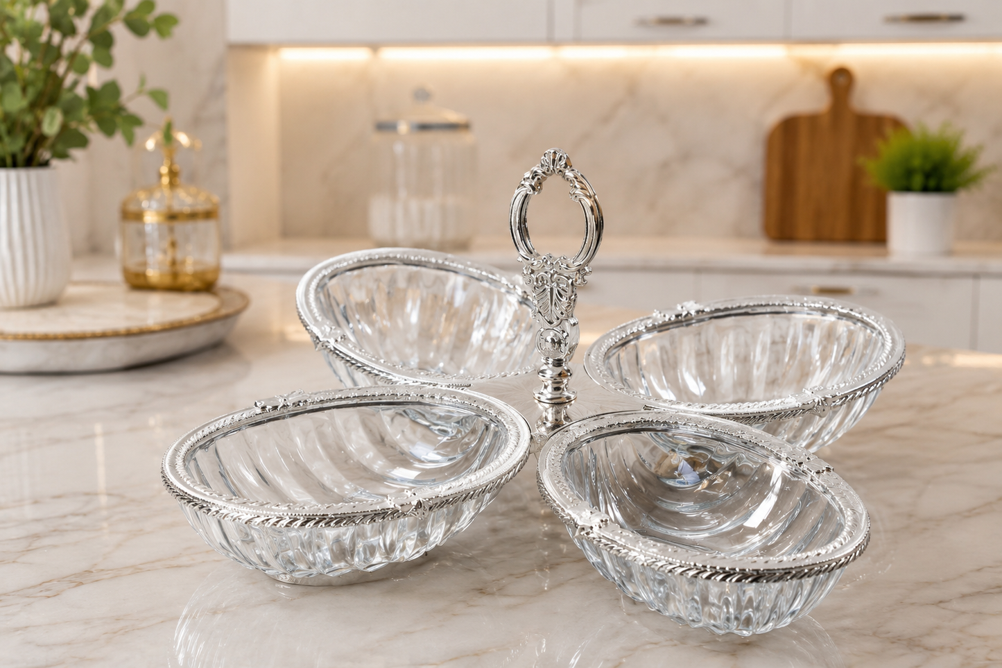 Breakfast Serving Glass Dish 4 Bowl, Ottoman Style, Condiment Bowl Set for Jam, Honey, Brunch and Entertaining