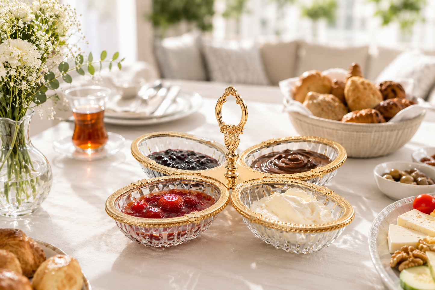 Breakfast Serving Glass Dish 4 Bowl, Ottoman Style, Condiment Bowl Set for Jam, Honey, Brunch and Entertaining