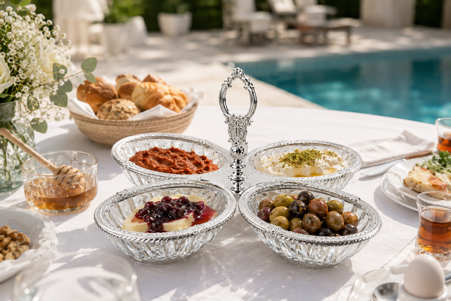 Breakfast Serving Glass Dish 4 Bowl, Ottoman Style, Condiment Bowl Set for Jam, Honey, Brunch and Entertaining