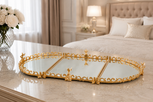 Silver Gold Mirrored Vanity Tray, Antique Angel Dresser Organizer, Vintage Gothic Bedroom Decor, Luxury Perfume Display