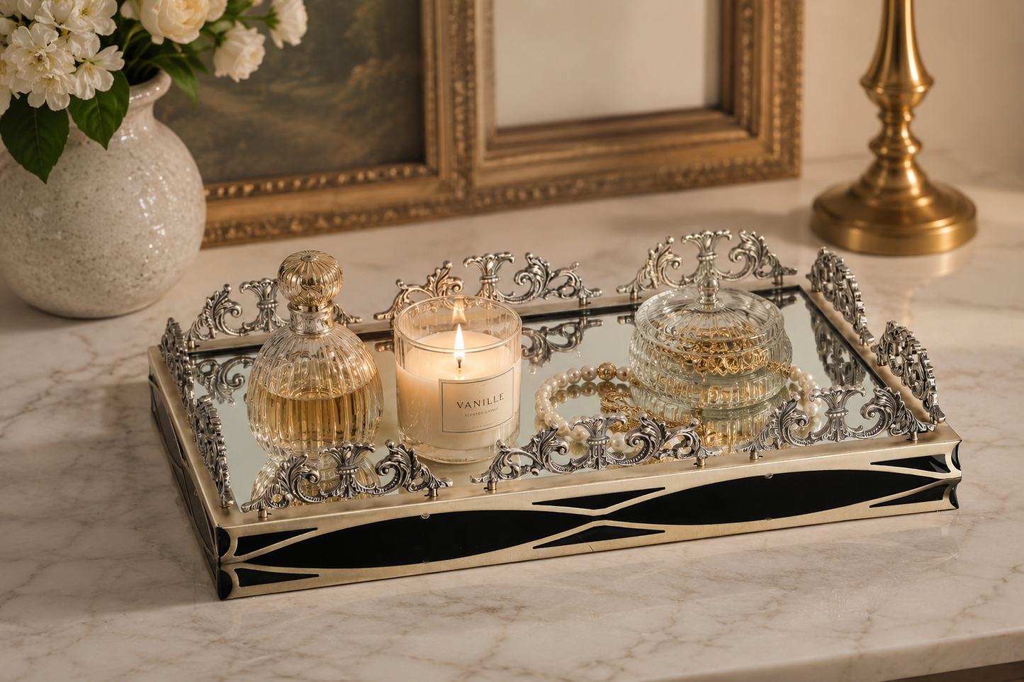 Luxury Gold Silver Large Luxury Mirrored Vanity Tray – Ornate Perfume, Jewelry & Bathroom Organizer