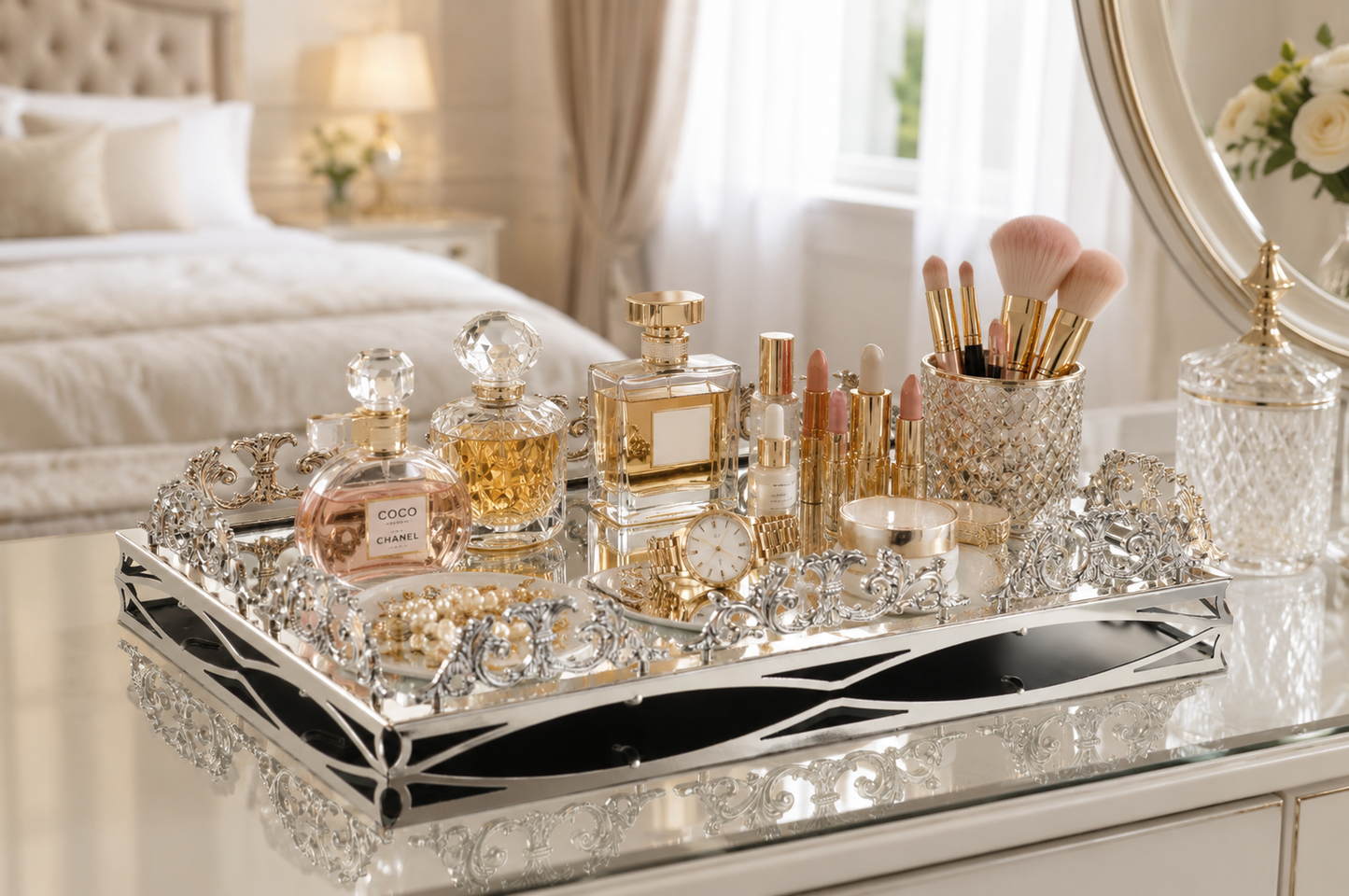 Luxury Gold Silver Large Luxury Mirrored Vanity Tray – Ornate Perfume, Jewelry & Bathroom Organizer