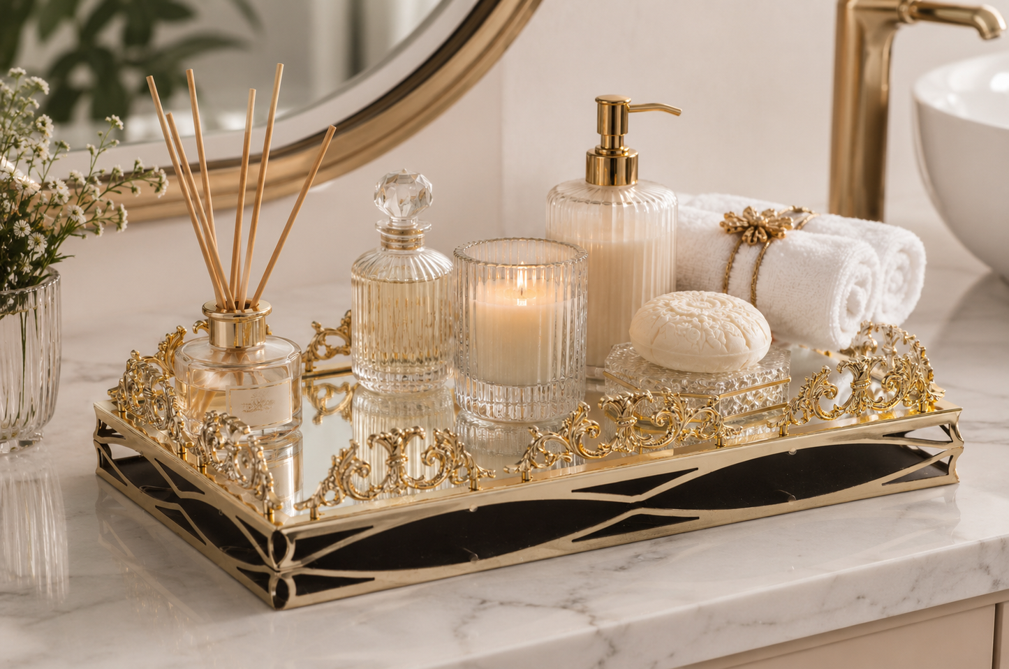 Luxury Gold Silver Large Luxury Mirrored Vanity Tray – Ornate Perfume, Jewelry & Bathroom Organizer