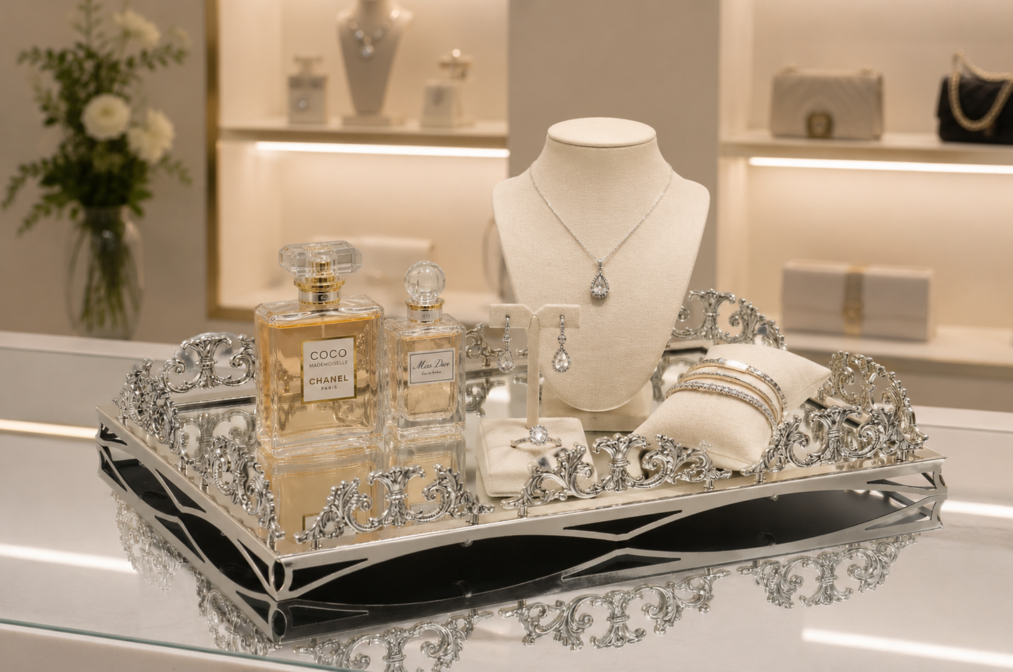 Luxury Gold Silver Large Luxury Mirrored Vanity Tray – Ornate Perfume, Jewelry & Bathroom Organizer