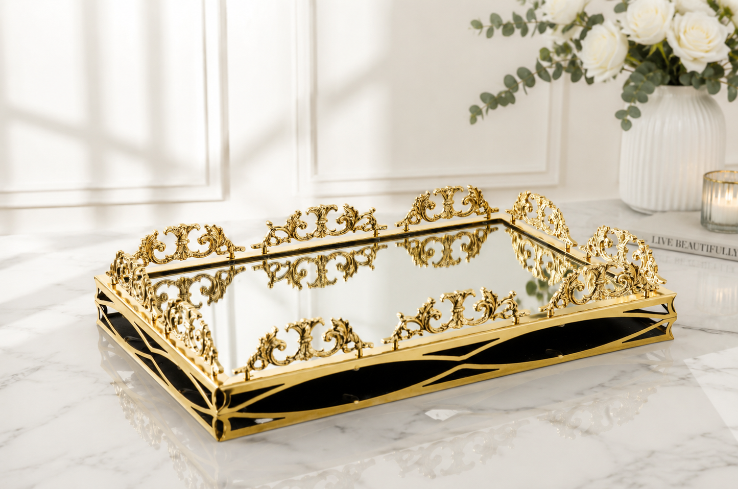 Luxury Gold Silver Large Luxury Mirrored Vanity Tray – Ornate Perfume, Jewelry & Bathroom Organizer