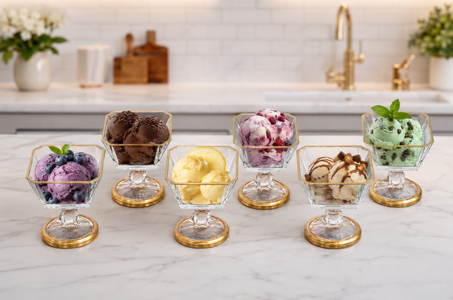 Glass Ice Cream Bowl Set: Gold Pedestal Sundae Serving Dishes, Set of 6