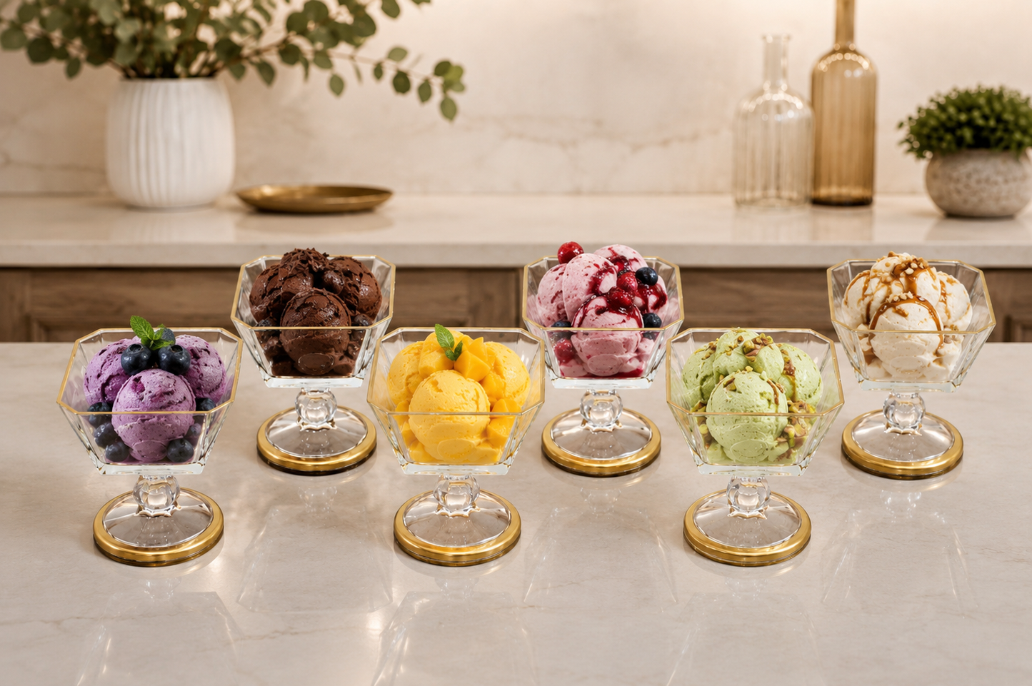 Glass Ice Cream Bowl Set: Gold Pedestal Sundae Serving Dishes, Set of 6