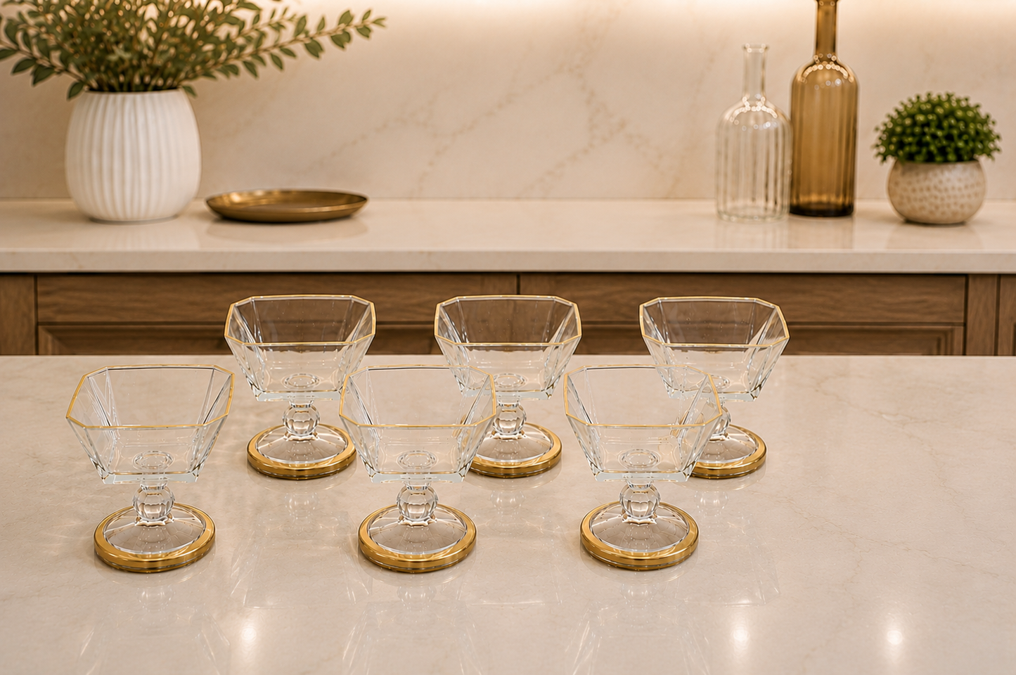 Glass Ice Cream Bowl Set: Gold Pedestal Sundae Serving Dishes, Set of 6