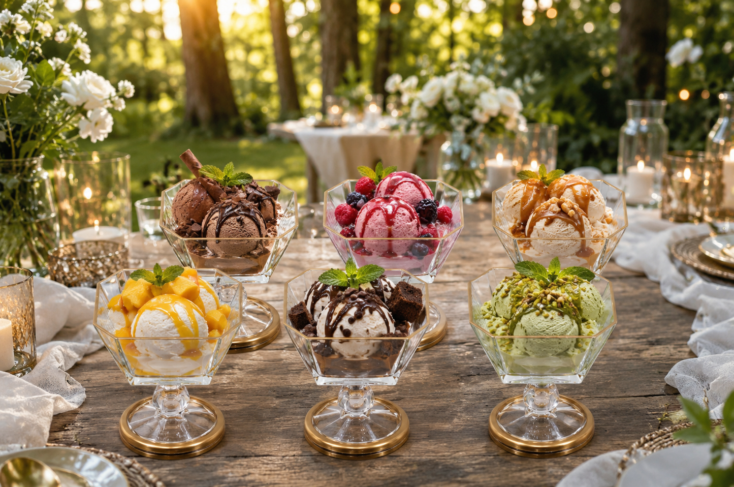 Glass Ice Cream Bowl Set: Gold Pedestal Sundae Serving Dishes, Set of 6