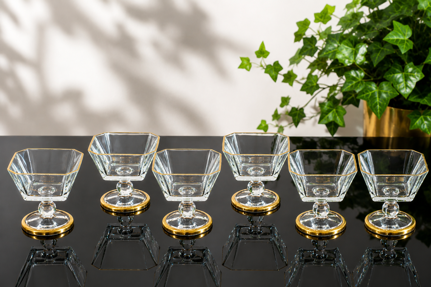 Glass Ice Cream Bowl Set: Gold Pedestal Sundae Serving Dishes, Set of 6