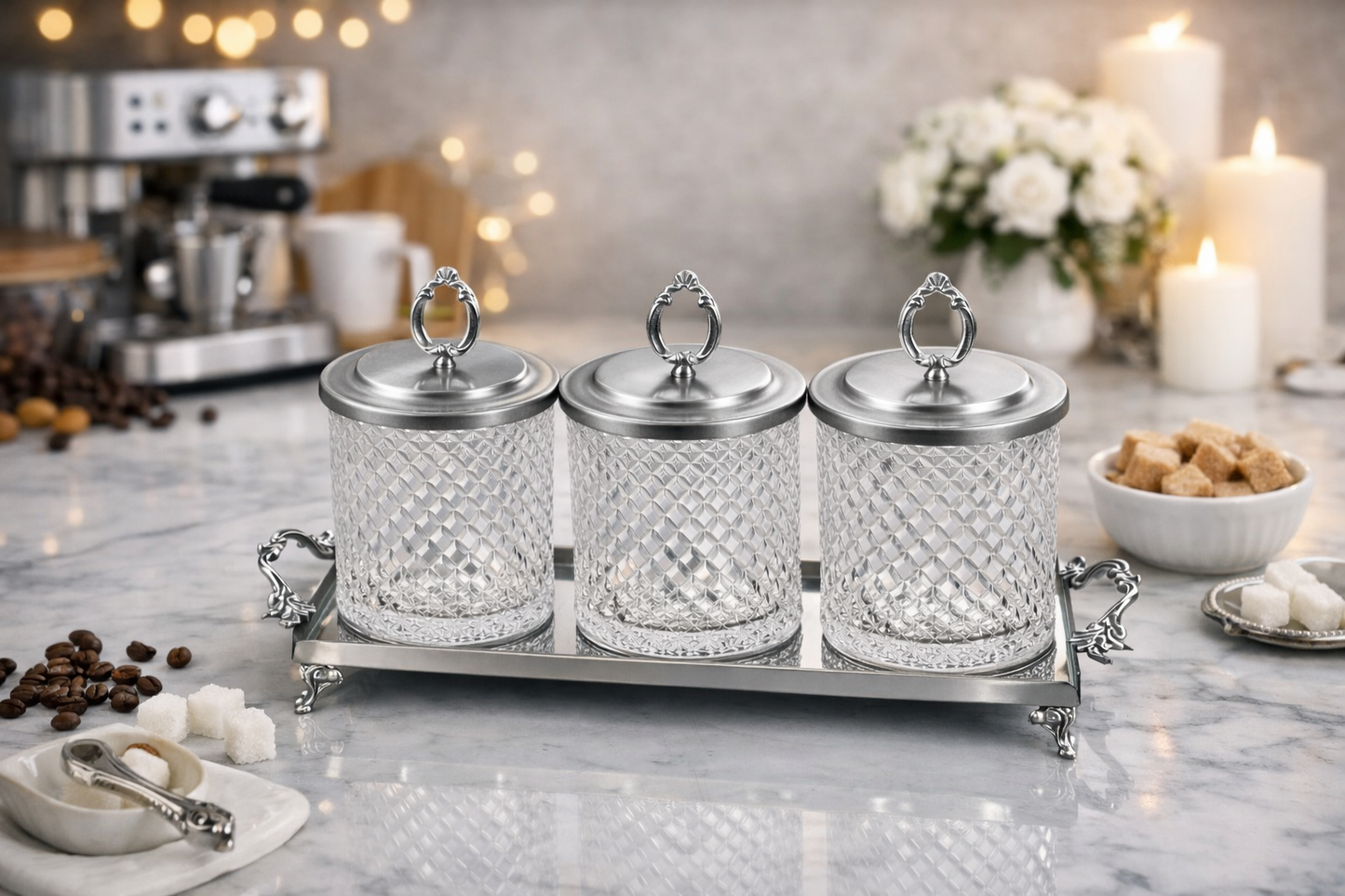 Luxury Coffee Tea Sugar Canister Set with Tray, 3 Glass Storage Jars 1L, Gold Silver Vintage Kitchen Counter Organizer