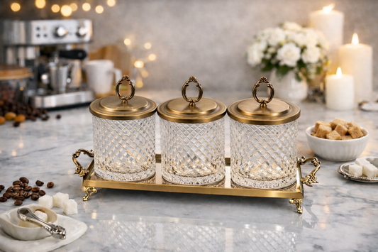 Luxury Coffee Tea Sugar Canister Set with Tray, 3 Glass Storage Jars 1L, Gold Silver Vintage Kitchen Counter Organizer