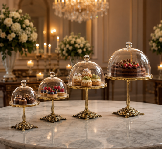 Silver Pedestal Dessert Stand with Glass Dome | Gold, Silver & Antique Finish
