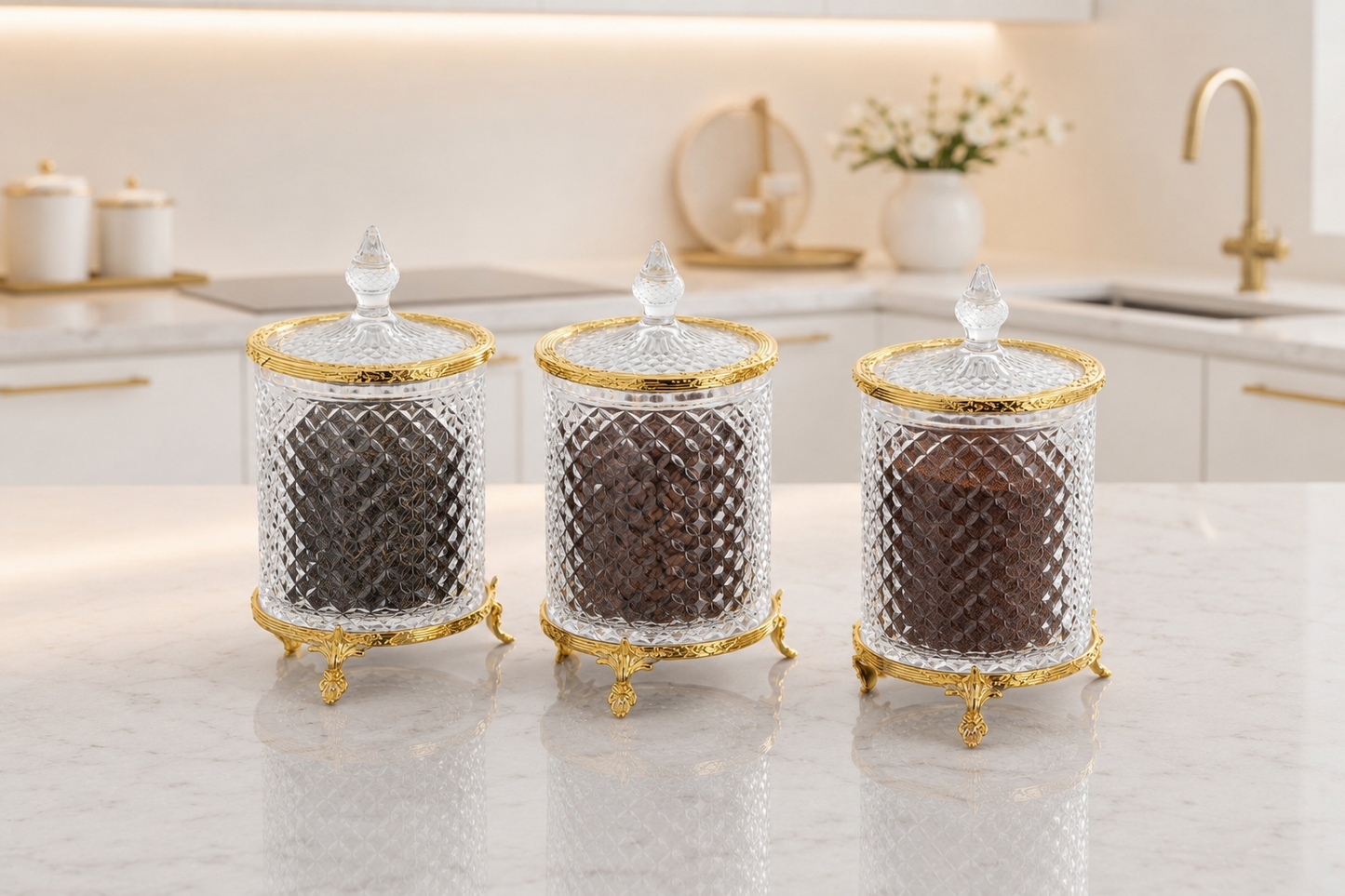 Luxury Gold, Silver, Vintage Crystal Glass Canister Set, 3 Piece Kitchen Storage Jars
