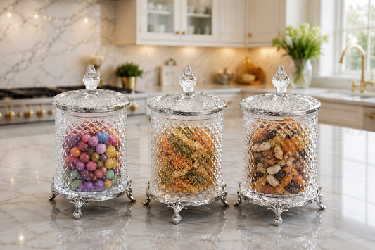 Luxury Gold, Silver, Vintage Crystal Glass Canister Set, 3 Piece Kitchen Storage Jars