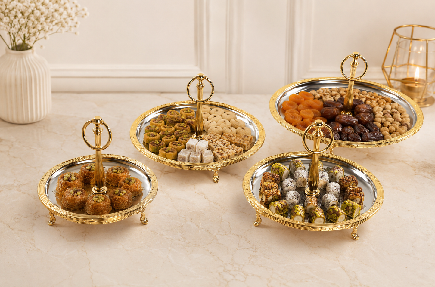 Gold Serving Tray with Handle | Vintage Round Dessert & Tea Tray
