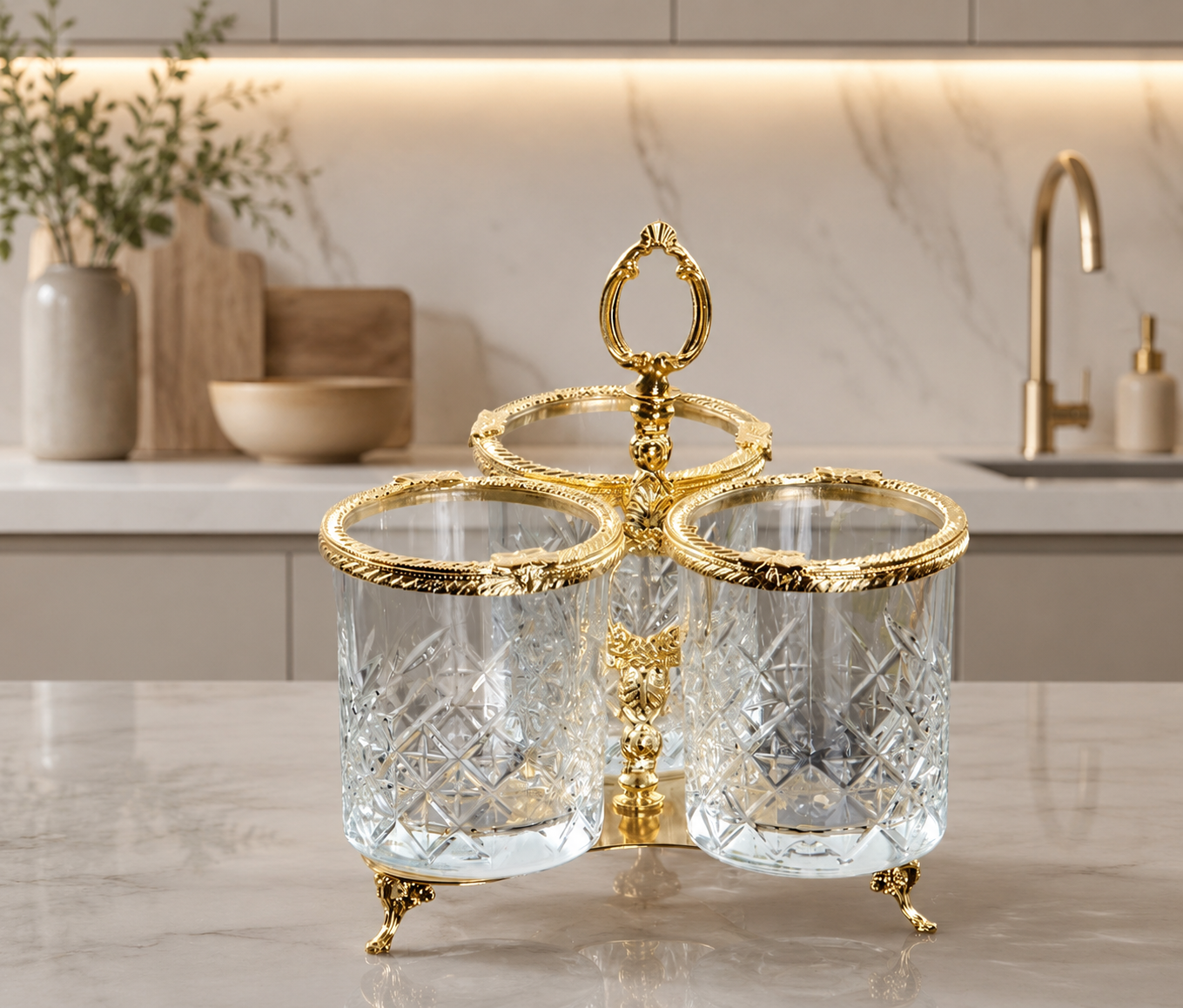 Crystal Glass Spoon Holder Gold, Elegant Kitchen Utensil Organizer, Bathroom Toothbrush Holder