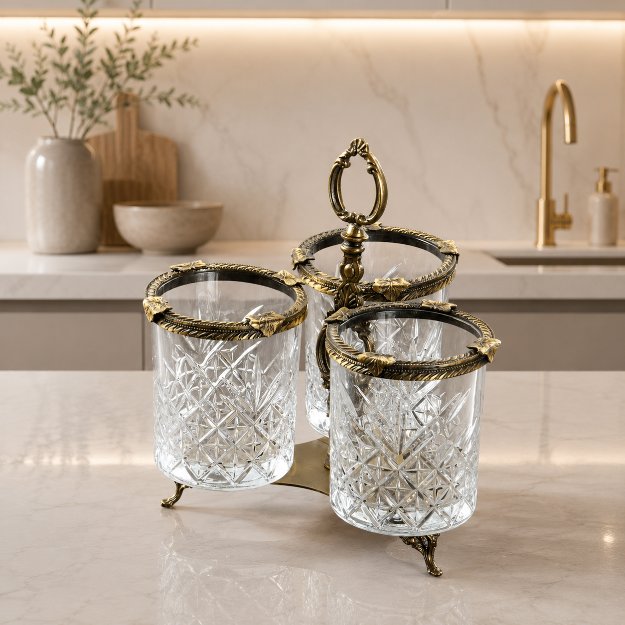 Crystal Glass Spoon Holder Gold, Elegant Kitchen Utensil Organizer, Bathroom Toothbrush Holder
