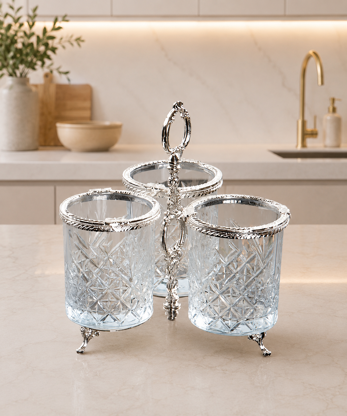 Crystal Glass Spoon Holder Gold, Elegant Kitchen Utensil Organizer, Bathroom Toothbrush Holder