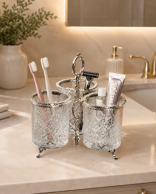 Crystal Glass Spoon Holder Gold, Elegant Kitchen Utensil Organizer, Bathroom Toothbrush Holder