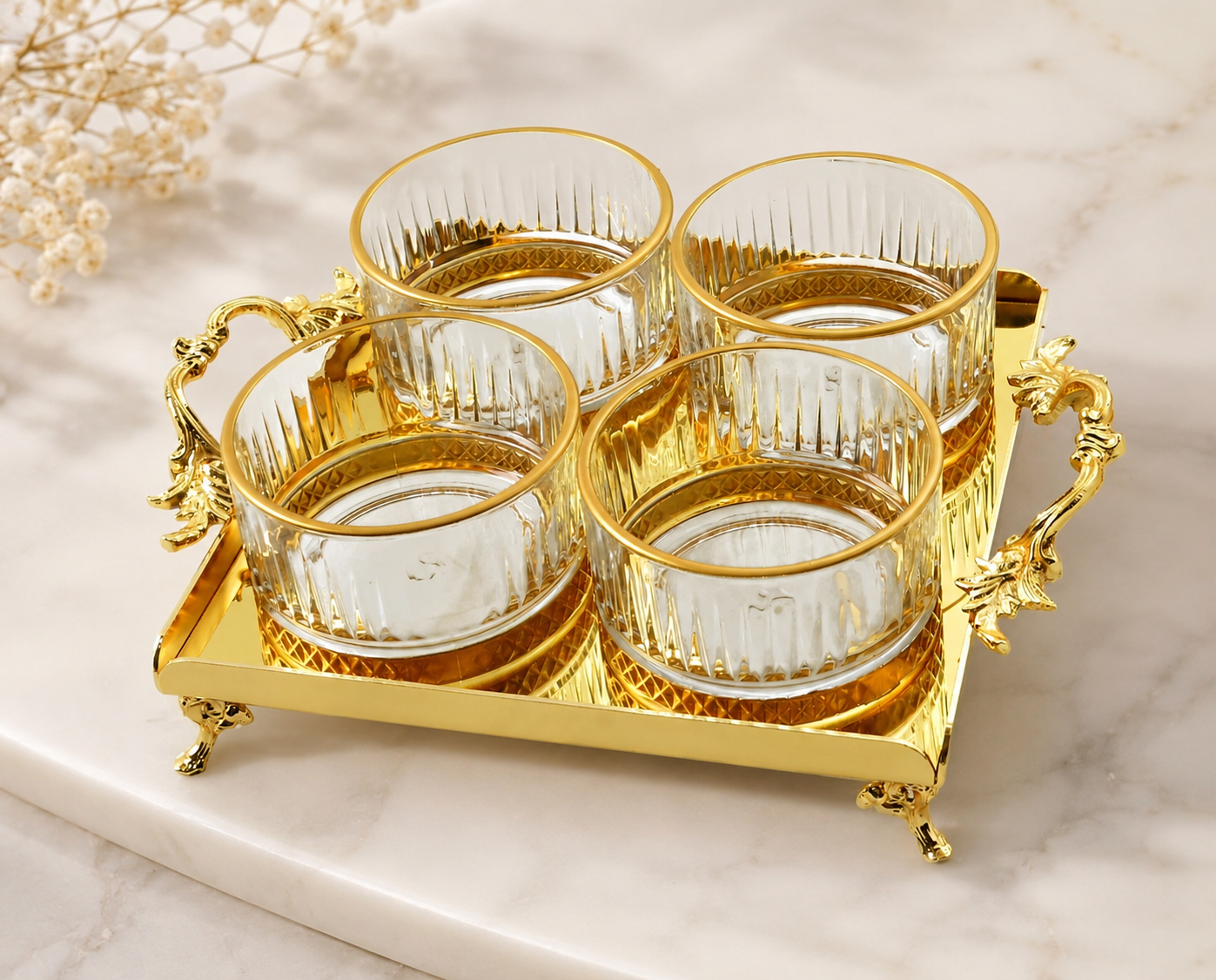 Luxury Gold Crystal Glass Snack Bowl Set with Stainless Steel Serving Tray