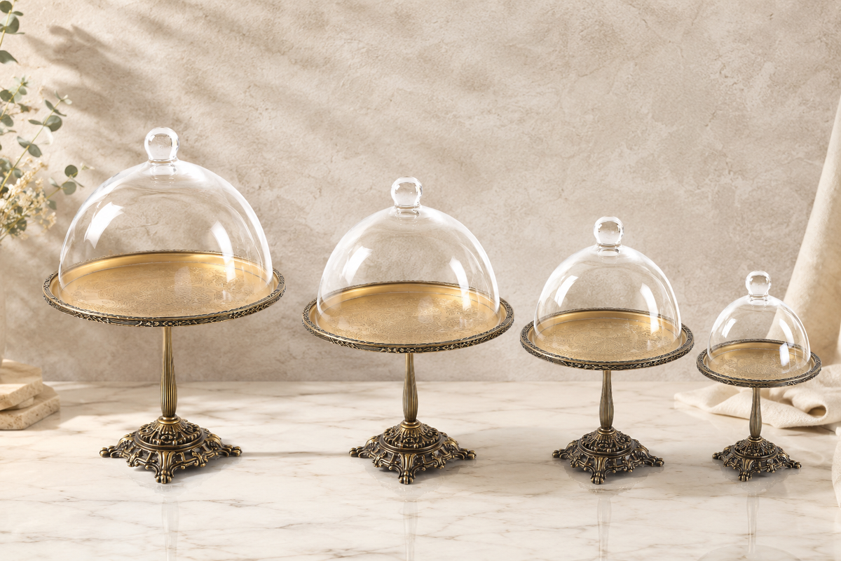 Silver Pedestal Dessert Stand with Glass Dome, Gold, Silver, Antique Finish