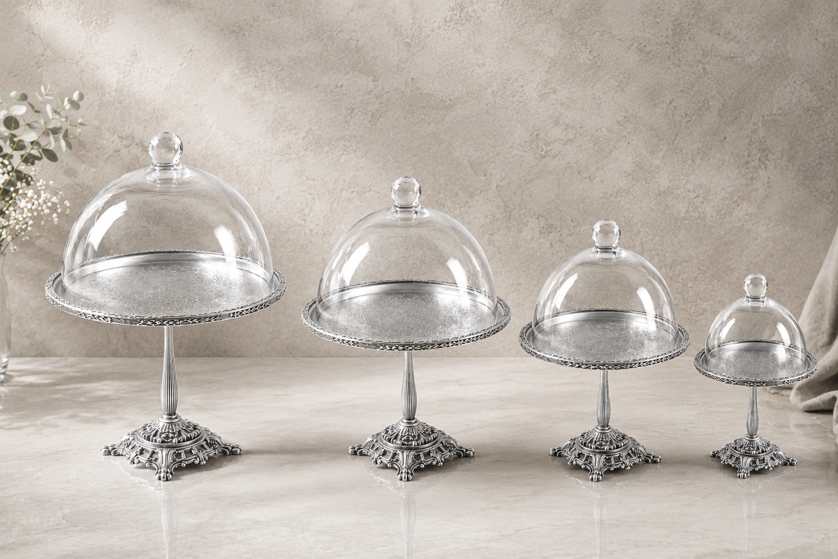 Silver Pedestal Dessert Stand with Glass Dome, Gold, Silver, Antique Finish
