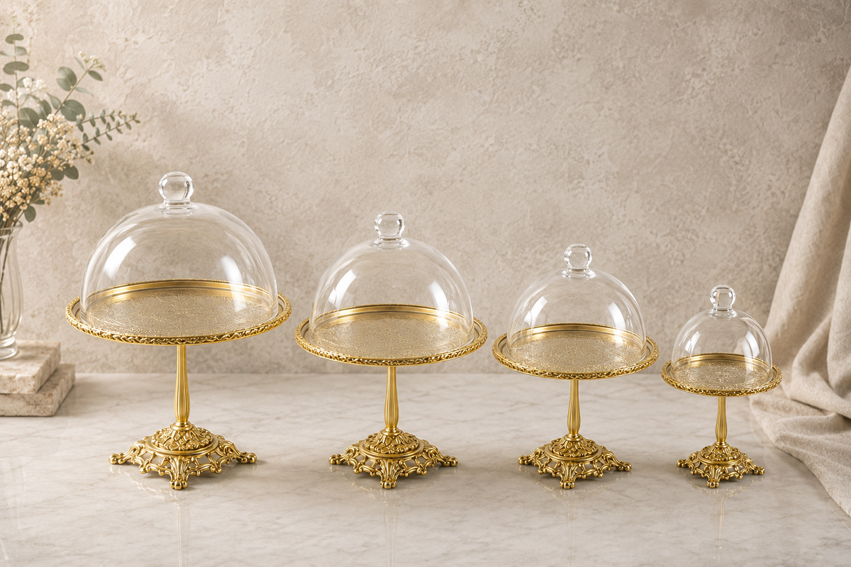 Antique Pedestal Dessert Stand with Glass Dome | Gold, Silver & Antique Finish