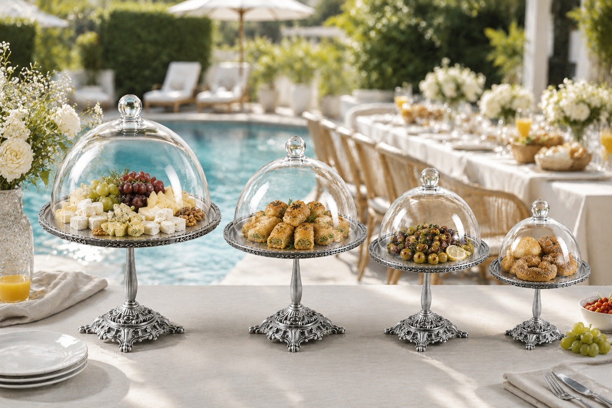 Silver Pedestal Dessert Stand with Glass Dome, Gold, Silver, Antique Finish