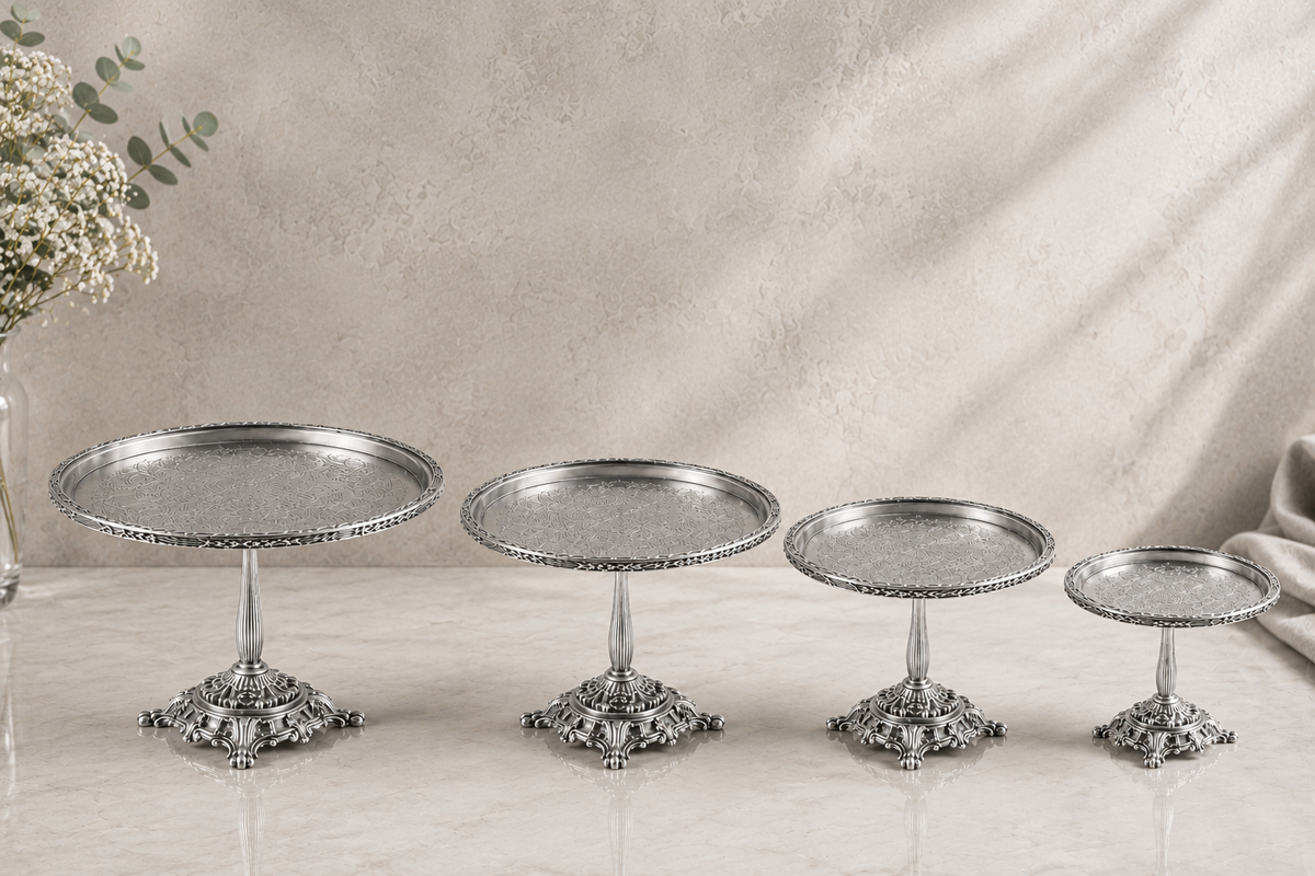 Silver Pedestal Dessert Stand | Vintage Metal Cake Display Tray