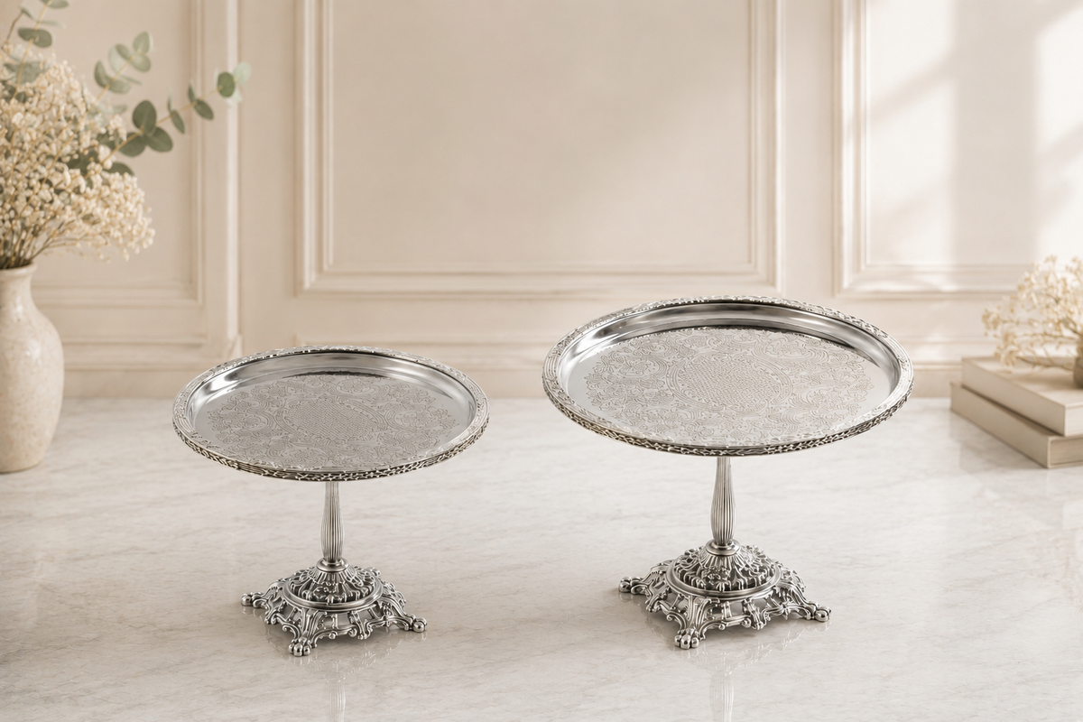 Silver Pedestal Dessert Stand | Vintage Metal Cake Display Tray