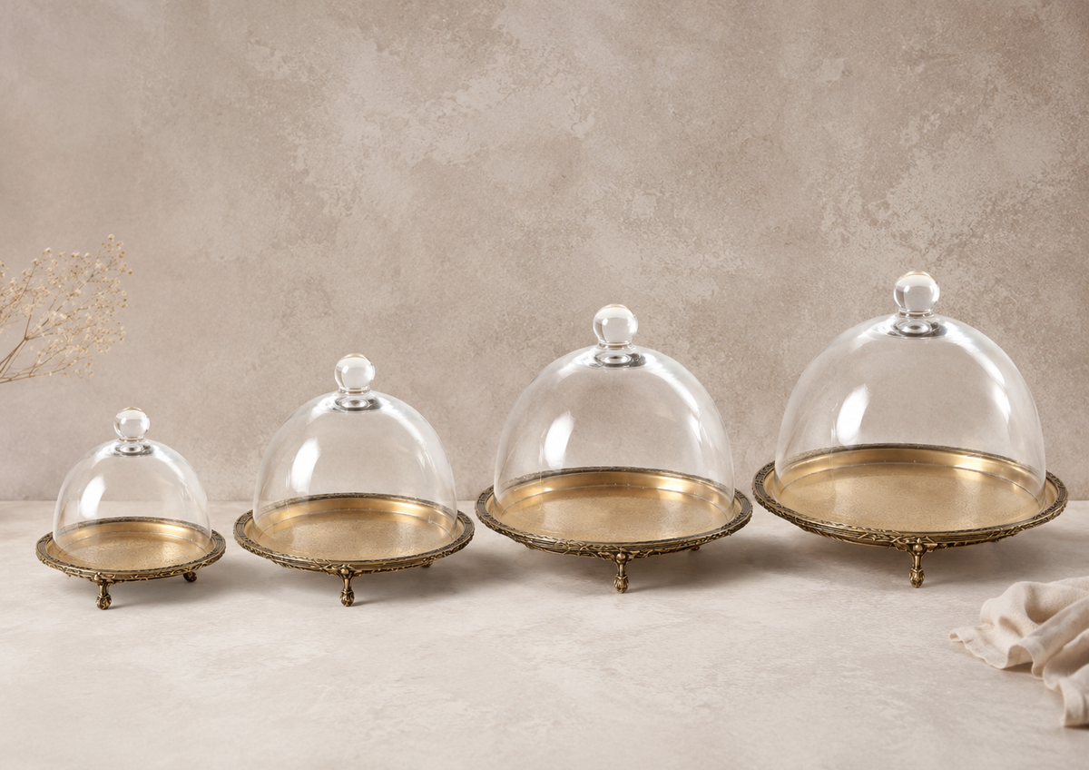 Antique Round Cake Stand with Glass Dome | Footed Dessert Serving Tray