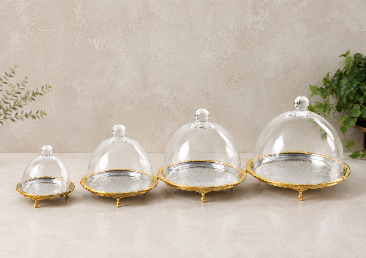Antique Round Cake Stand with Glass Dome | Footed Dessert Serving Tray