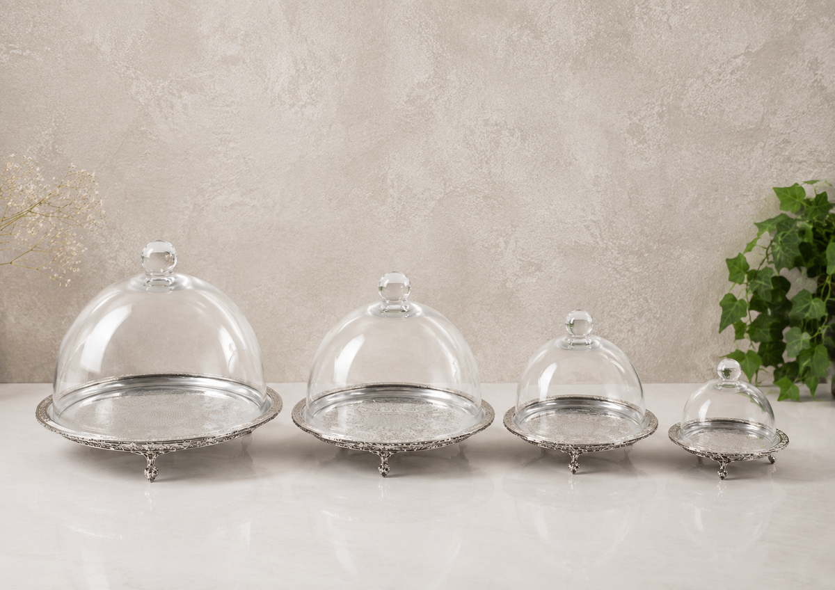 Antique Round Cake Stand with Glass Dome | Footed Dessert Serving Tray