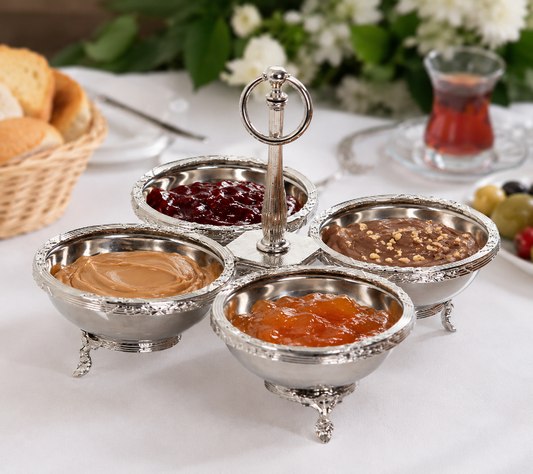 Silver 4 Bowl Serving Stand with Handle – Nut Snack, Appetizer Server