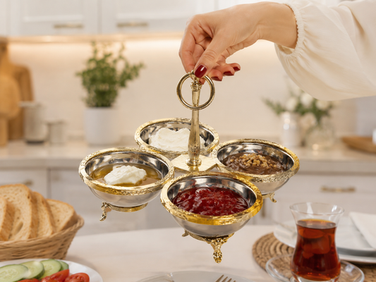 4 Bowl Serving Stand with Handle | Gold Footed Serving Bowl