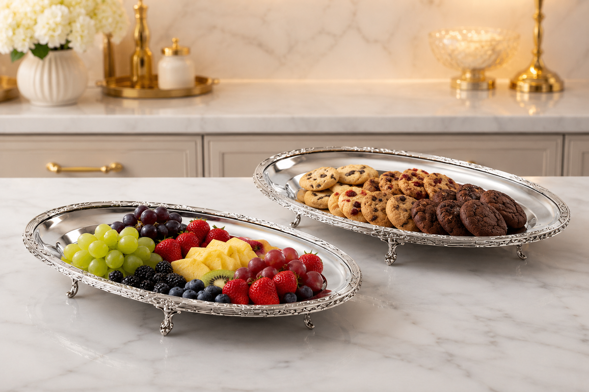 Silver Footed Serving Tray | Oval Decorative Platter