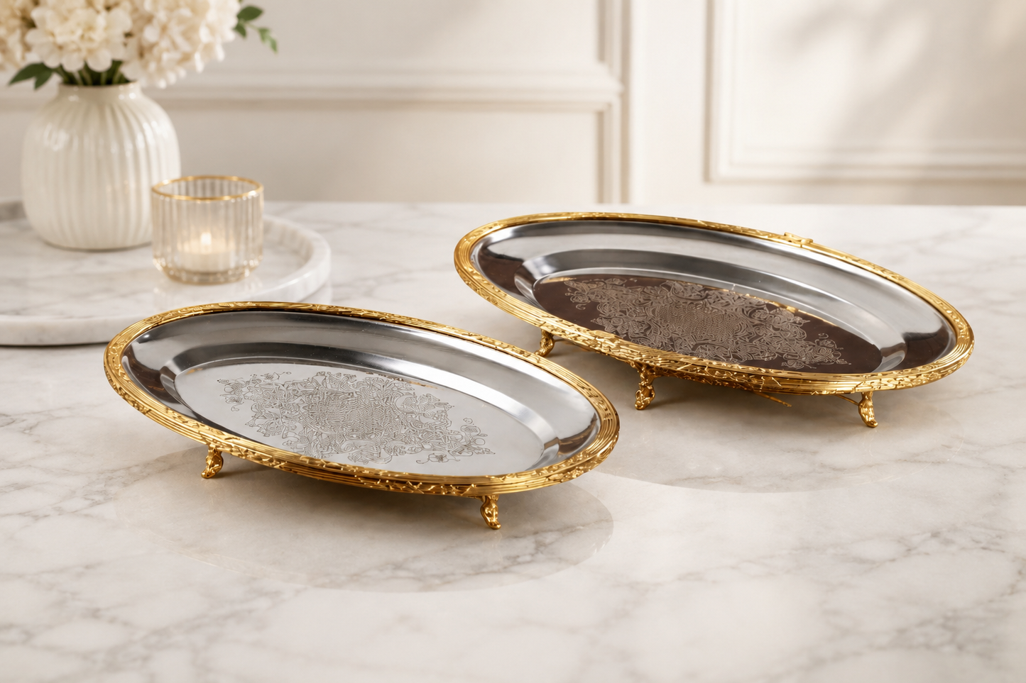 Silver Oval Serving Tray with Feet, Decorative Metal Presentation Platter for Home and Events