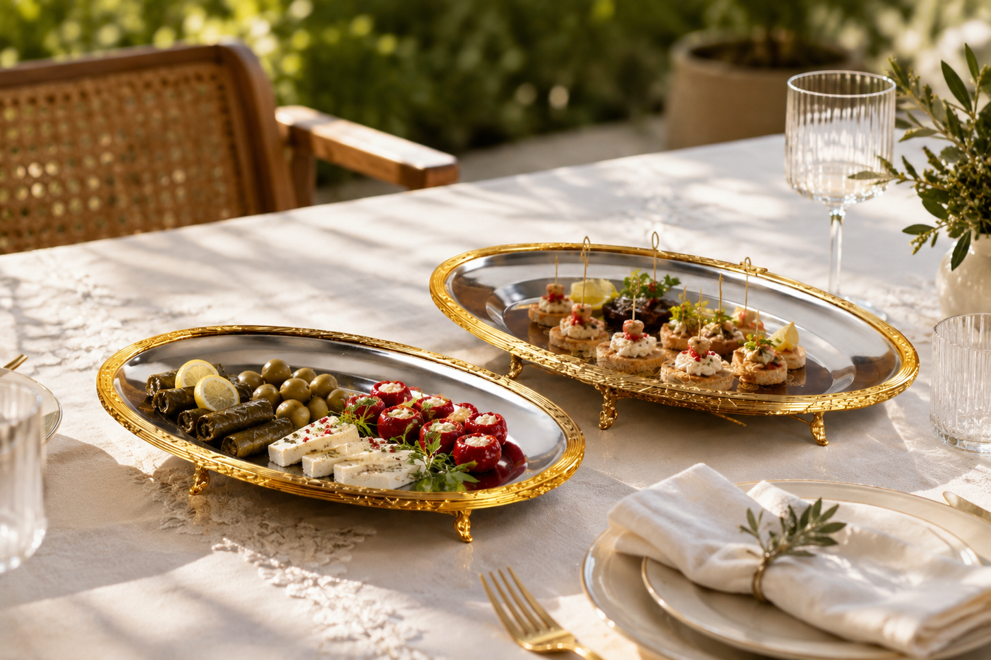 Silver Oval Serving Tray with Feet, Decorative Metal Presentation Platter for Home and Events