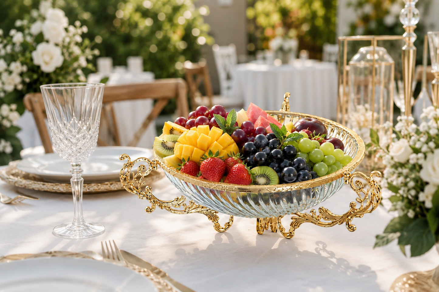 Silver Gold Glass Serving Bowl Metal Stand, Decorative Centerpiece, Wedding Gift Decor