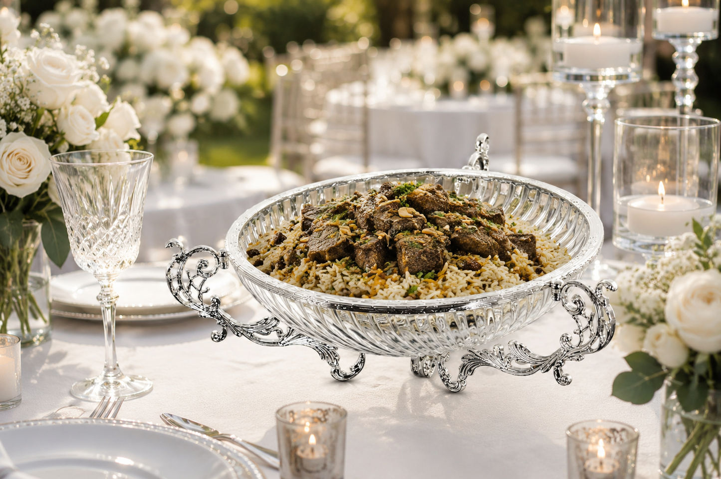 Silver Gold Glass Serving Bowl Metal Stand, Decorative Centerpiece, Wedding Gift Decor