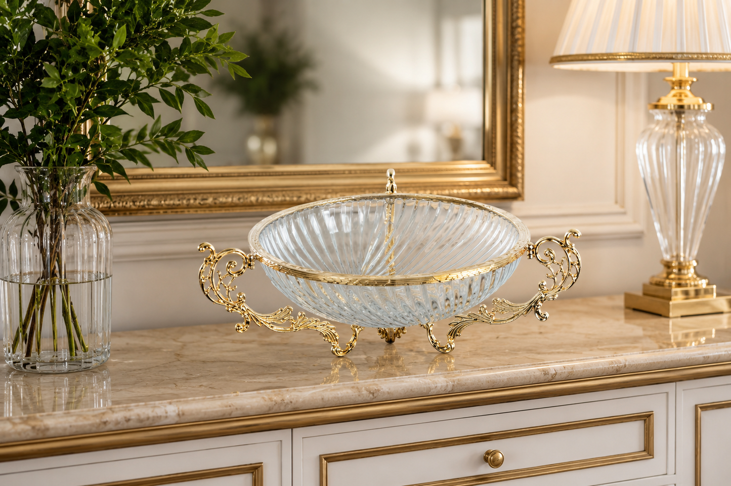 Silver Gold Glass Serving Bowl Metal Stand, Decorative Centerpiece, Wedding Gift Decor