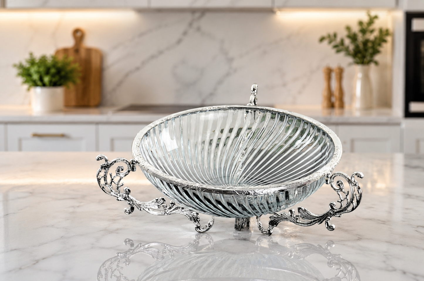 Silver Gold Glass Serving Bowl Metal Stand, Decorative Centerpiece, Wedding Gift Decor