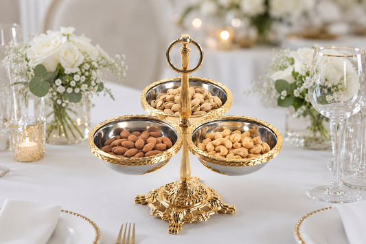 Gold 3 Bowl Snack, Nut Serving Stand, Footed Serving Stand