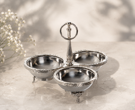 Silver 3 Bowl Snack, Condiment Serving Stand