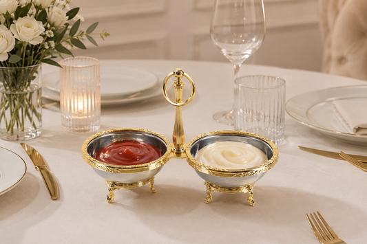 Gold 2 Bowl Snack, Condiment Serving Stand – Gold Silver Vintage